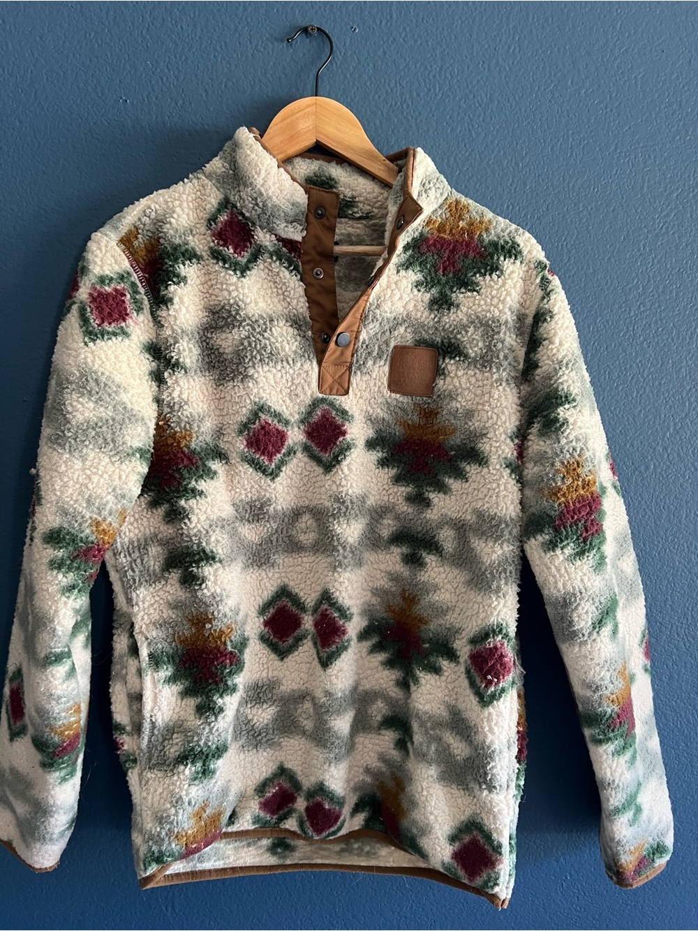 Cream Sherpa Pullover with Multicolor Aztec Pattern